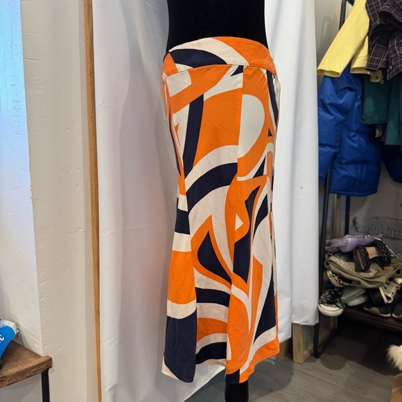 Theory Silk Blend Knee Length Skirt Orange Navy & Cream Abstract Pattern Size 4 - Picture 2 of 6